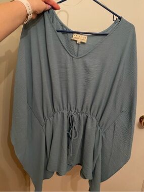 Light Blue Drawstring Waist Women's Blouse